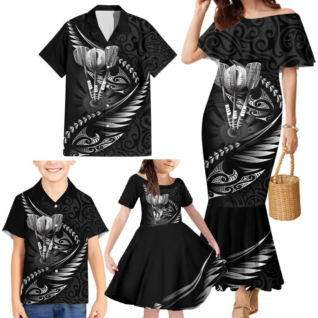 Personalised All Black New Zealand Darts Family Matching Mermaid Dress and Hawaiian Shirt Aoteroa Fern Maori Galaxy Style