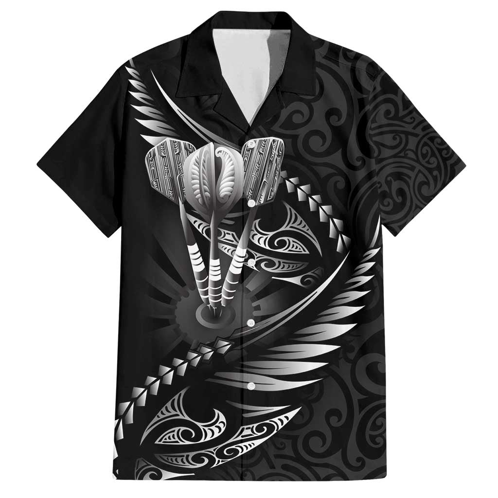 Personalised All Black New Zealand Darts Family Matching Off Shoulder Short Dress and Hawaiian Shirt Aoteroa Fern Maori Galaxy Style