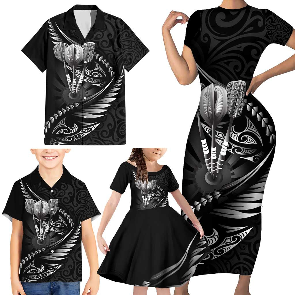 Personalised All Black New Zealand Darts Family Matching Short Sleeve Bodycon Dress and Hawaiian Shirt Aoteroa Fern Maori Galaxy Style