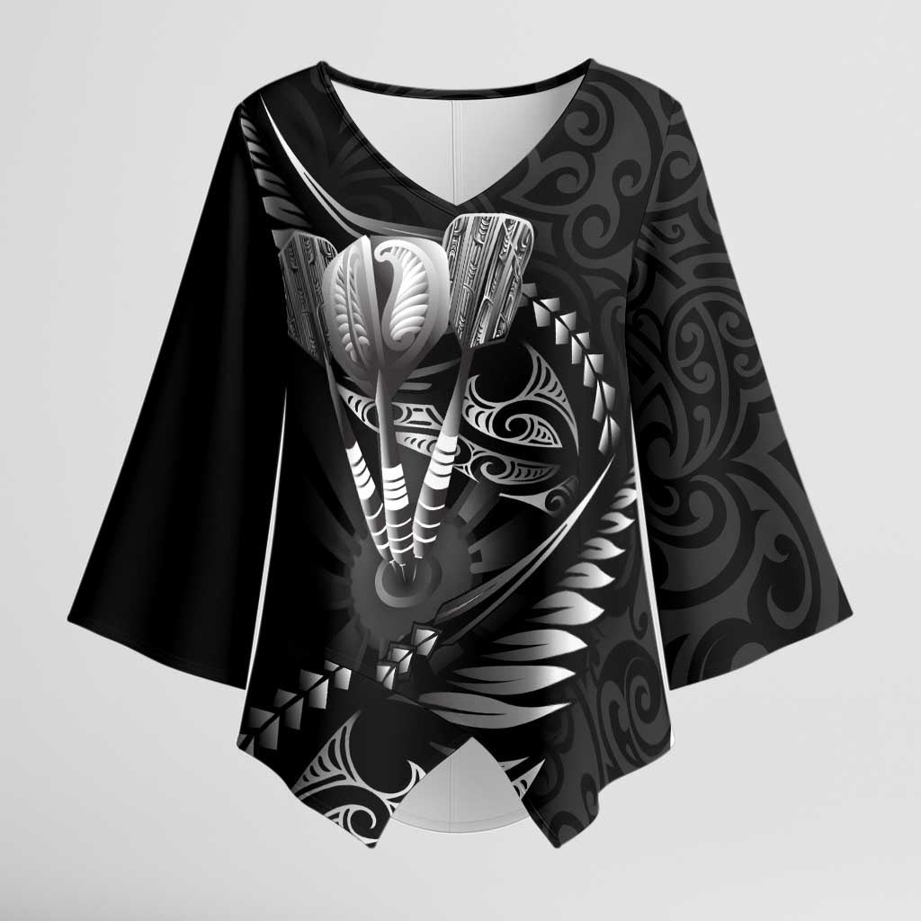 Personalised All Black New Zealand Darts Kimono Sleeve Blouse Aoteroa Fern Maori Galaxy Style - Polynesian Pride