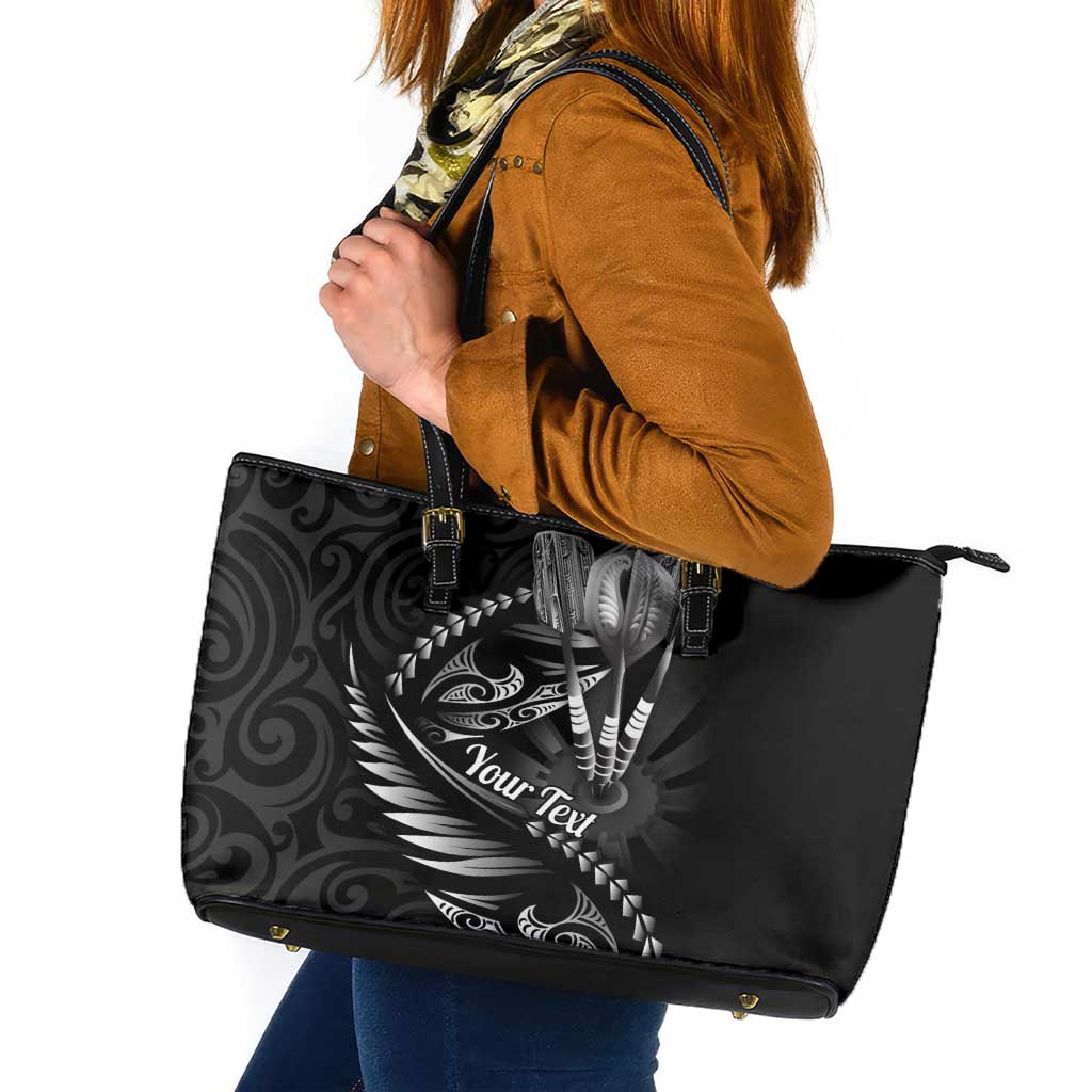 Personalised All Black New Zealand Darts Leather Tote Bag Aoteroa Fern Maori Galaxy Style LT14 Black - Polynesian Pride
