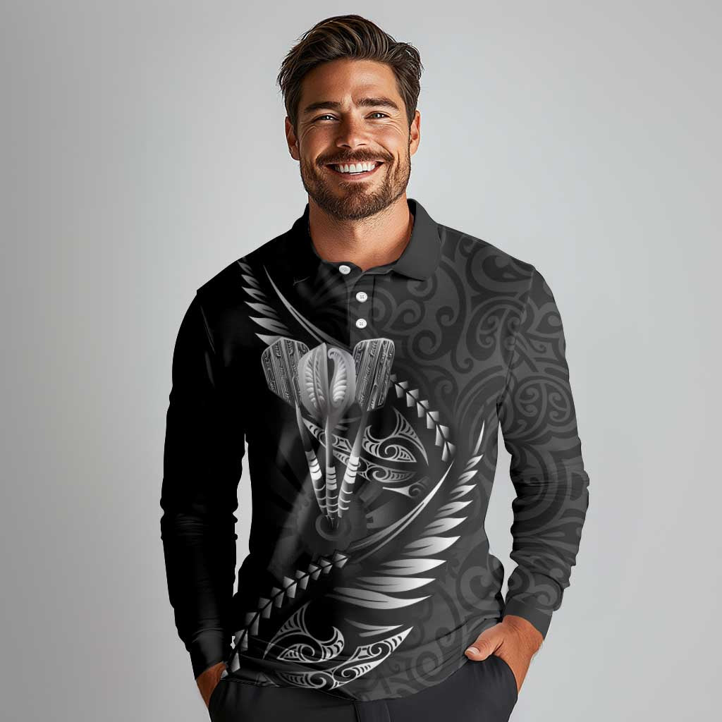 Personalised All Black New Zealand Darts Long Sleeve Polo Shirt Aoteroa Fern Maori Galaxy Style