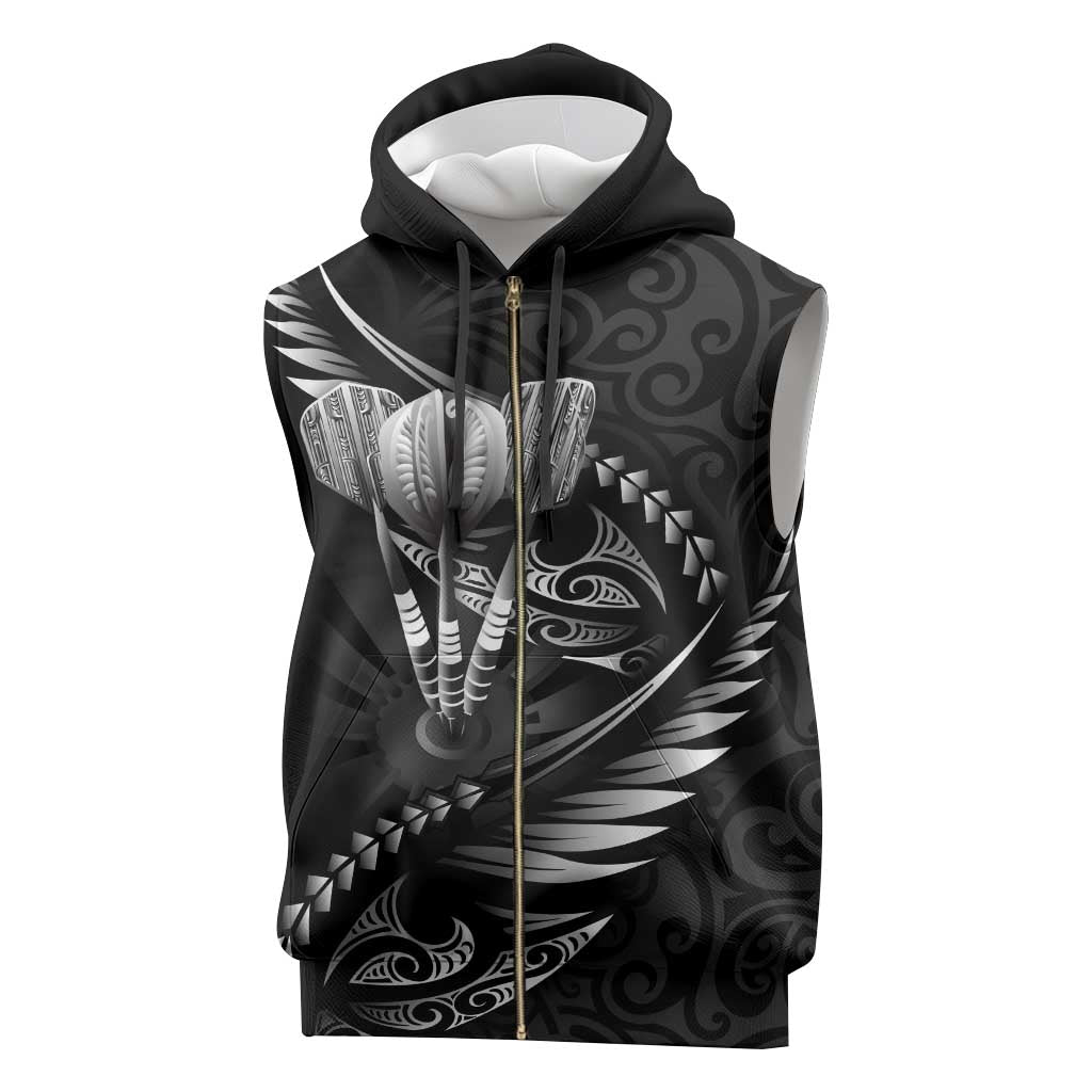 Personalised All Black New Zealand Darts Sleeveless Zip Hoodie Aoteroa Fern Maori Galaxy Style - Polynesian Pride