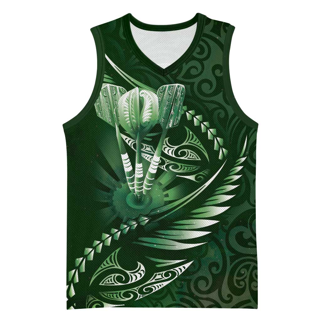 Personalised All Green New Zealand Darts Basketball Jersey Aoteroa Fern Maori Galaxy Style - Polynesian Pride