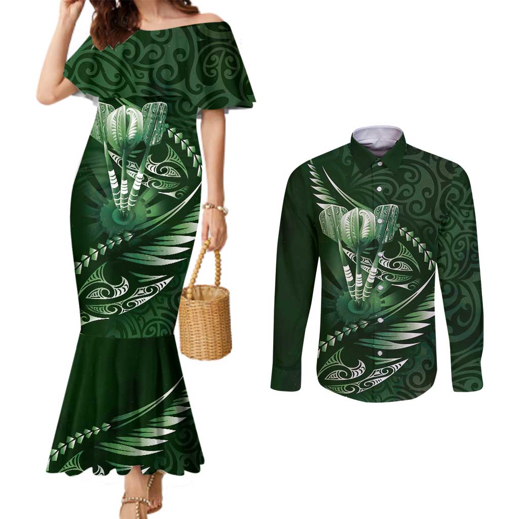Personalised All Green New Zealand Darts Couples Matching Mermaid Dress and Long Sleeve Button Shirt Aoteroa Fern Maori Galaxy Style