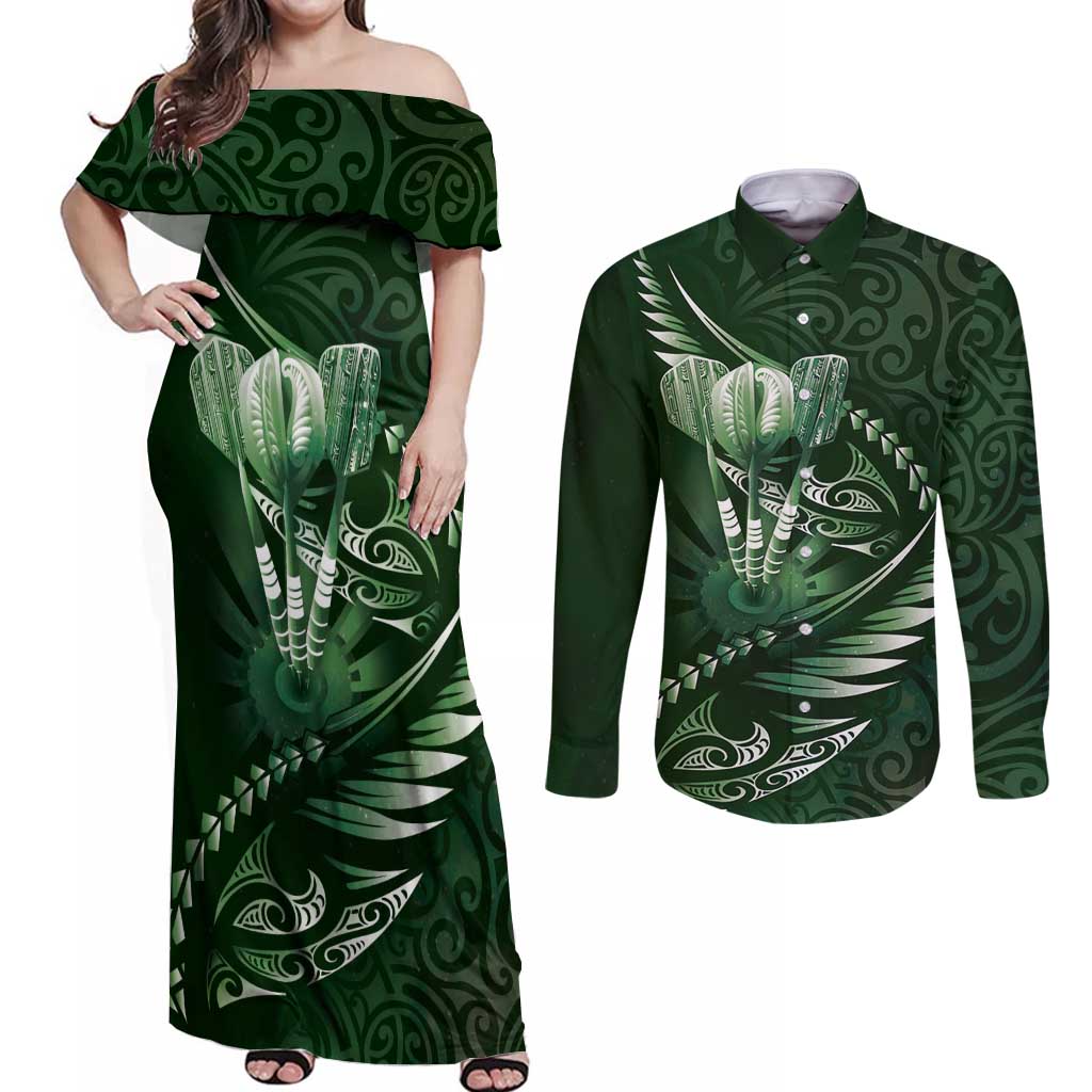 Personalised All Green New Zealand Darts Couples Matching Off Shoulder Maxi Dress and Long Sleeve Button Shirt Aoteroa Fern Maori Galaxy Style