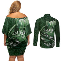Personalised All Green New Zealand Darts Couples Matching Off Shoulder Short Dress and Long Sleeve Button Shirt Aoteroa Fern Maori Galaxy Style