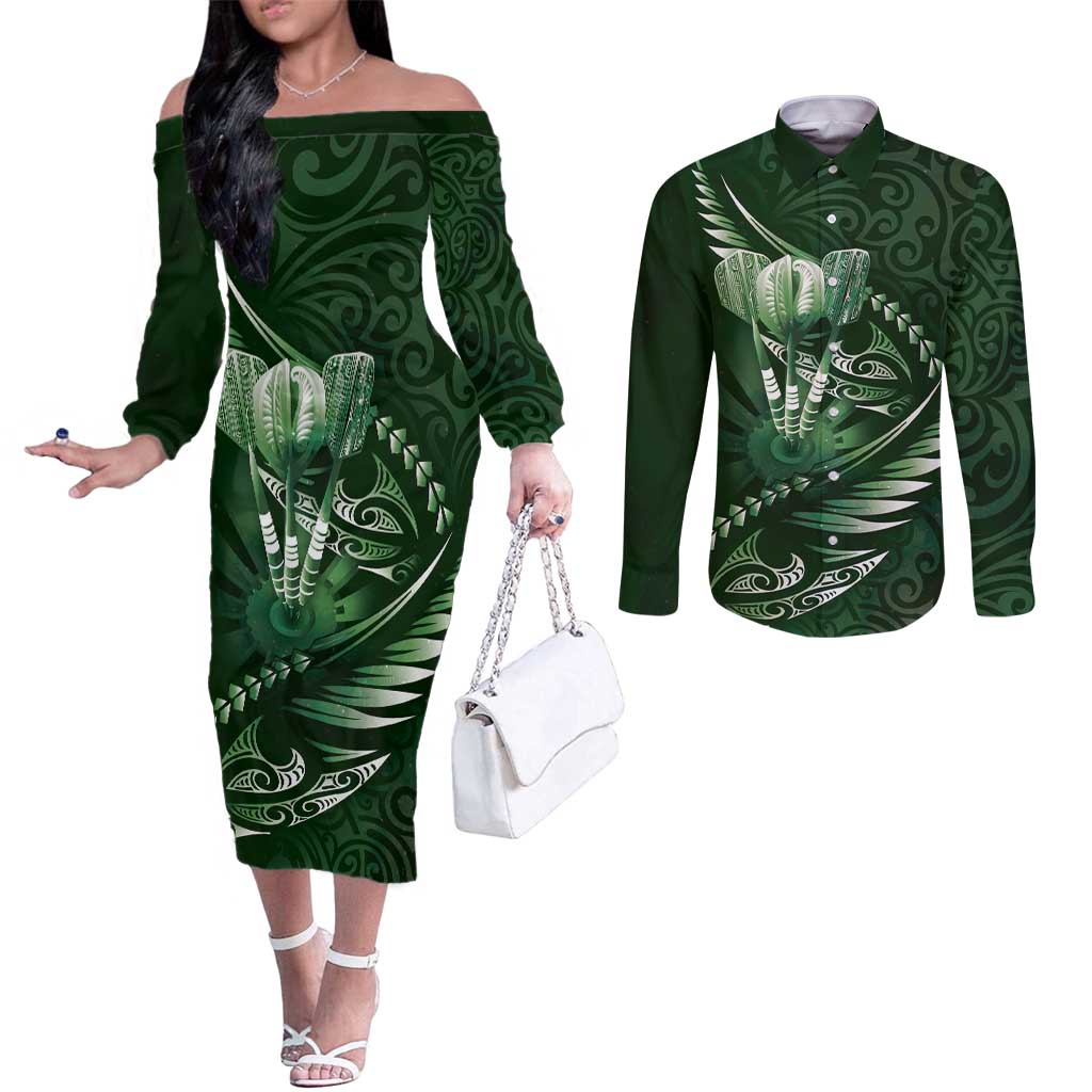Personalised All Green New Zealand Darts Couples Matching Off The Shoulder Long Sleeve Dress and Long Sleeve Button Shirt Aoteroa Fern Maori Galaxy Style