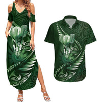 Personalised All Green New Zealand Darts Couples Matching Summer Maxi Dress and Hawaiian Shirt Aoteroa Fern Maori Galaxy Style