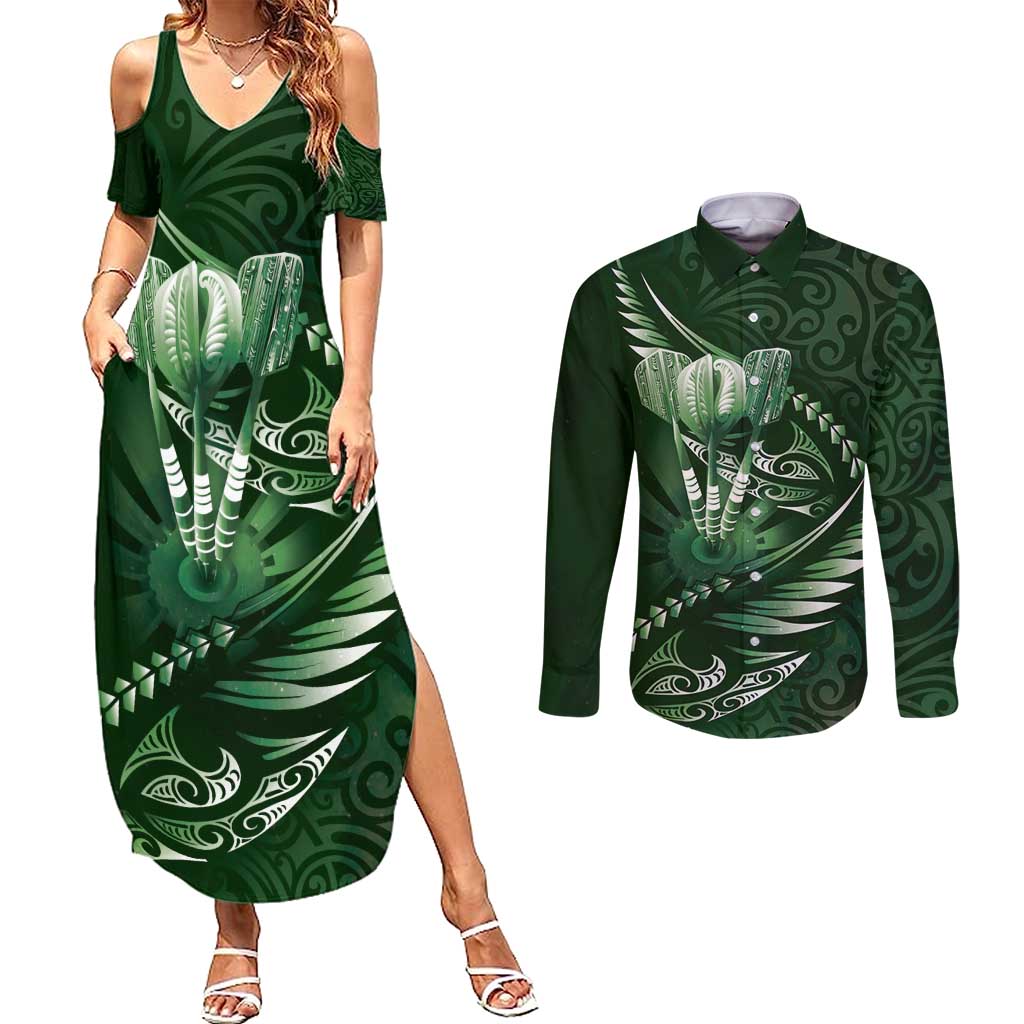 Personalised All Green New Zealand Darts Couples Matching Summer Maxi Dress and Long Sleeve Button Shirt Aoteroa Fern Maori Galaxy Style