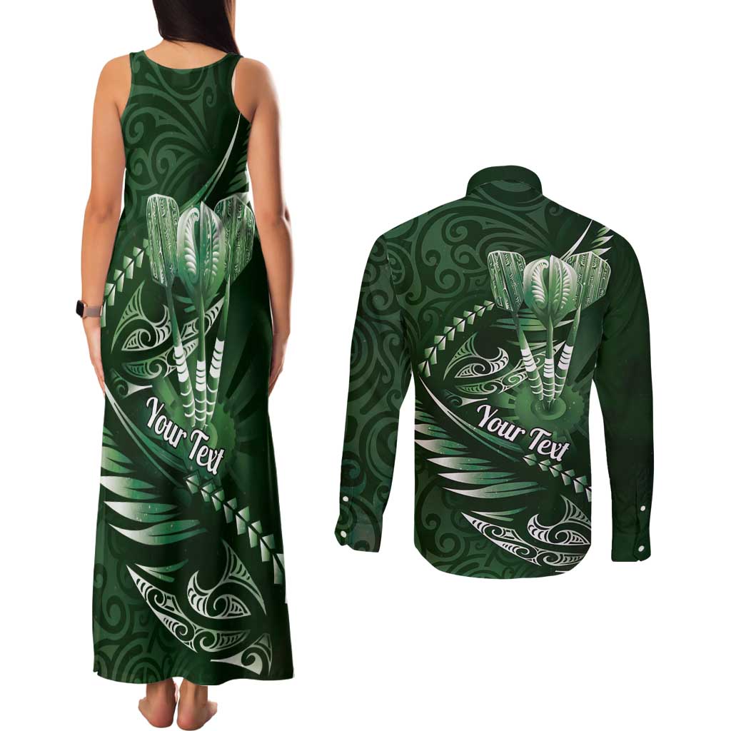 Personalised All Green New Zealand Darts Couples Matching Tank Maxi Dress and Long Sleeve Button Shirt Aoteroa Fern Maori Galaxy Style