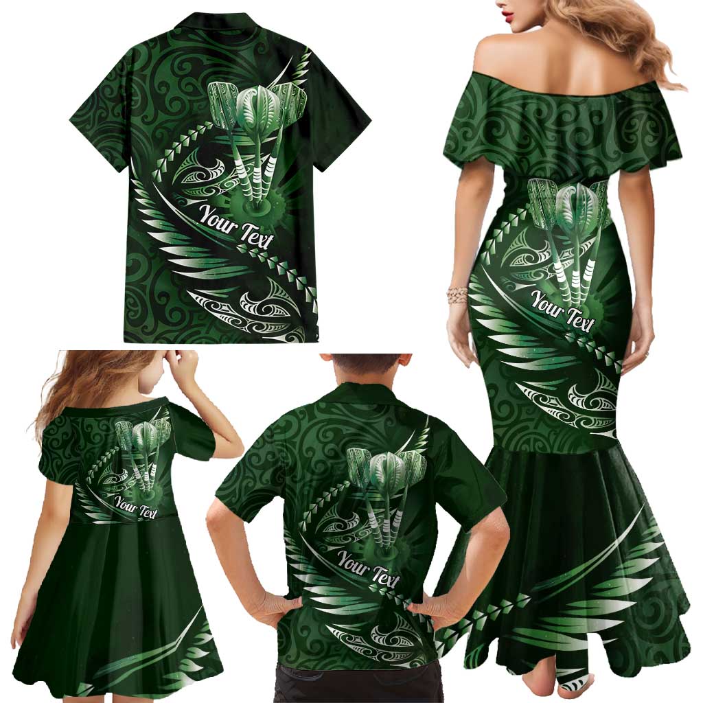 Personalised All Green New Zealand Darts Family Matching Mermaid Dress and Hawaiian Shirt Aoteroa Fern Maori Galaxy Style