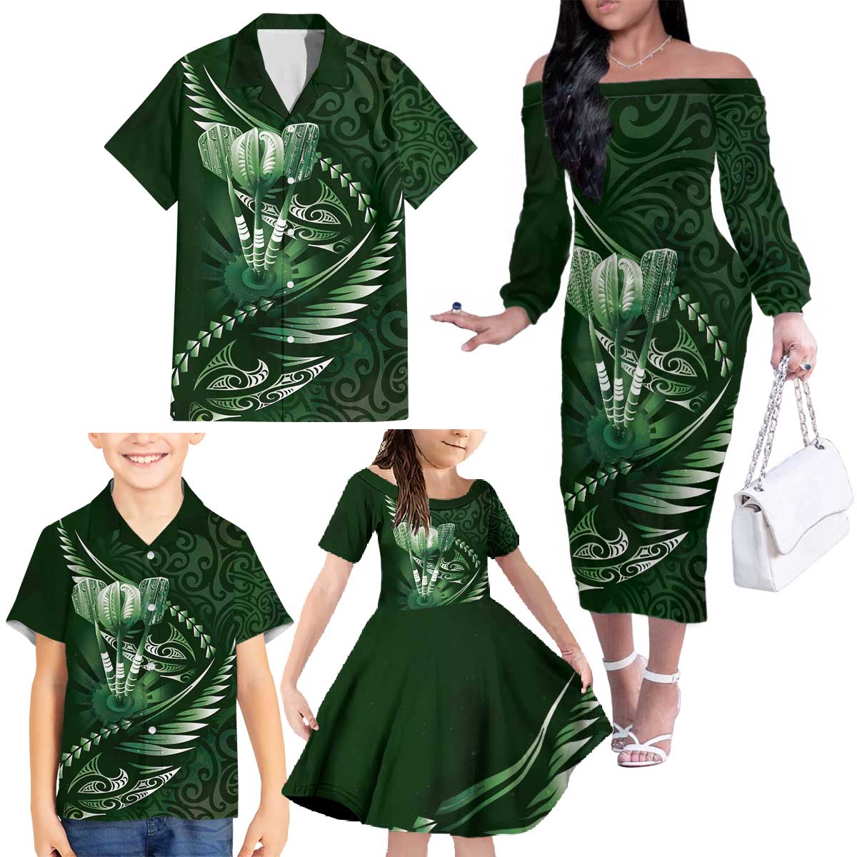 Personalised All Green New Zealand Darts Family Matching Off The Shoulder Long Sleeve Dress and Hawaiian Shirt Aoteroa Fern Maori Galaxy Style