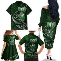 Personalised All Green New Zealand Darts Family Matching Off The Shoulder Long Sleeve Dress and Hawaiian Shirt Aoteroa Fern Maori Galaxy Style