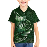 Personalised All Green New Zealand Darts Family Matching Off The Shoulder Long Sleeve Dress and Hawaiian Shirt Aoteroa Fern Maori Galaxy Style