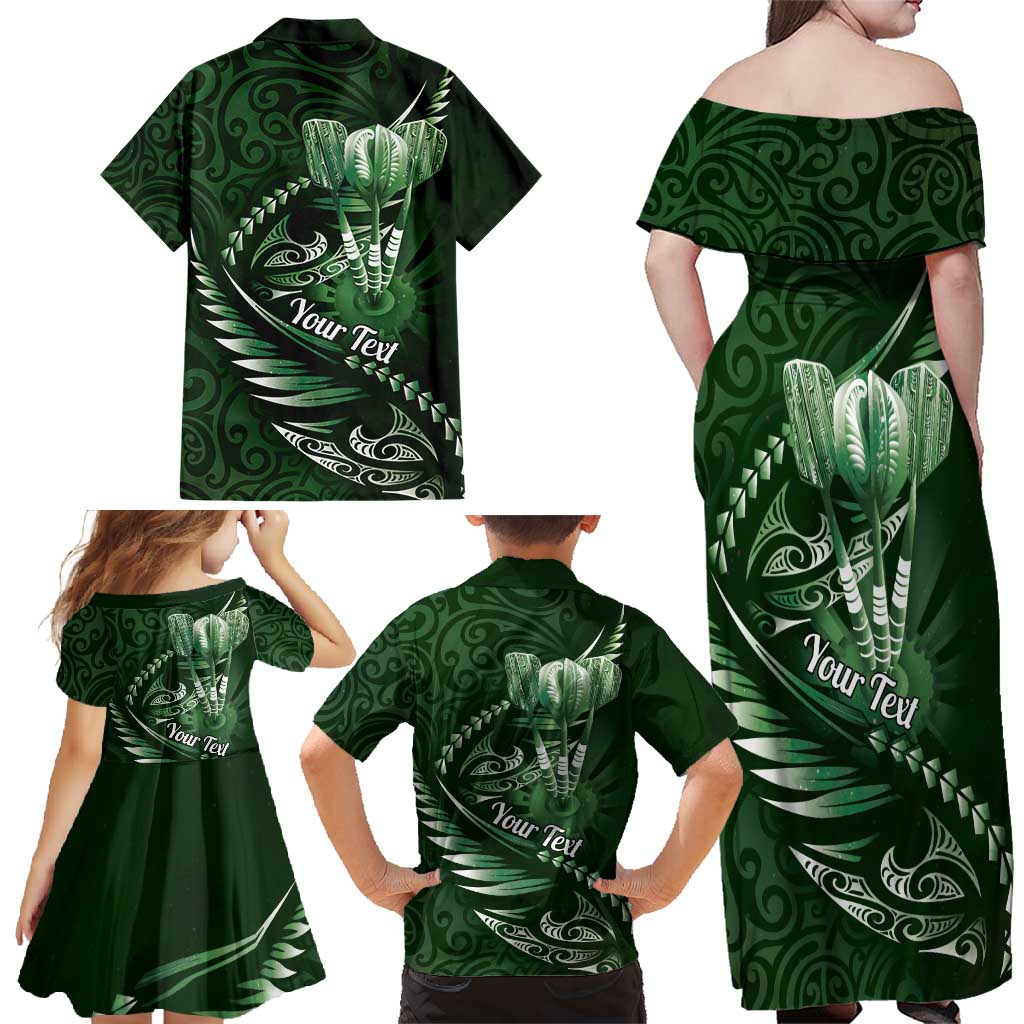 Personalised All Green New Zealand Darts Family Matching Off Shoulder Maxi Dress and Hawaiian Shirt Aoteroa Fern Maori Galaxy Style