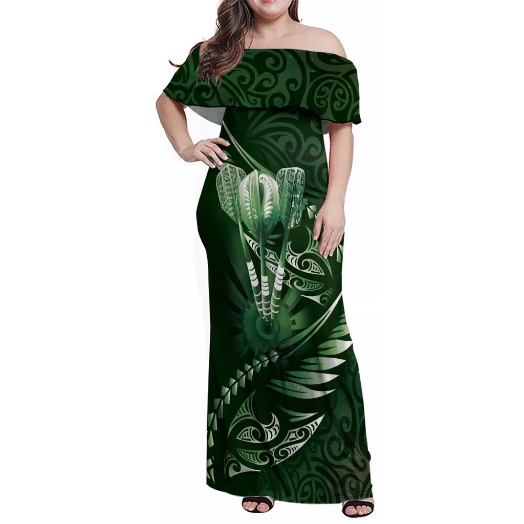 Personalised All Green New Zealand Darts Family Matching Off Shoulder Maxi Dress and Hawaiian Shirt Aoteroa Fern Maori Galaxy Style