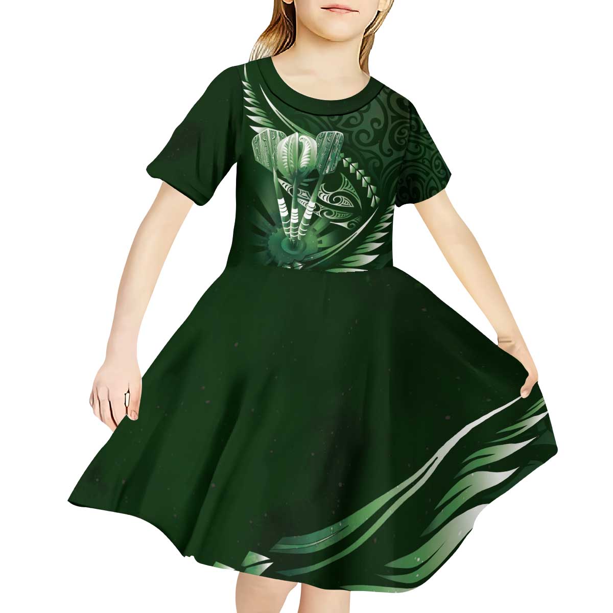 Personalised All Green New Zealand Darts Kid Short Sleeve Dress Aoteroa Fern Maori Galaxy Style