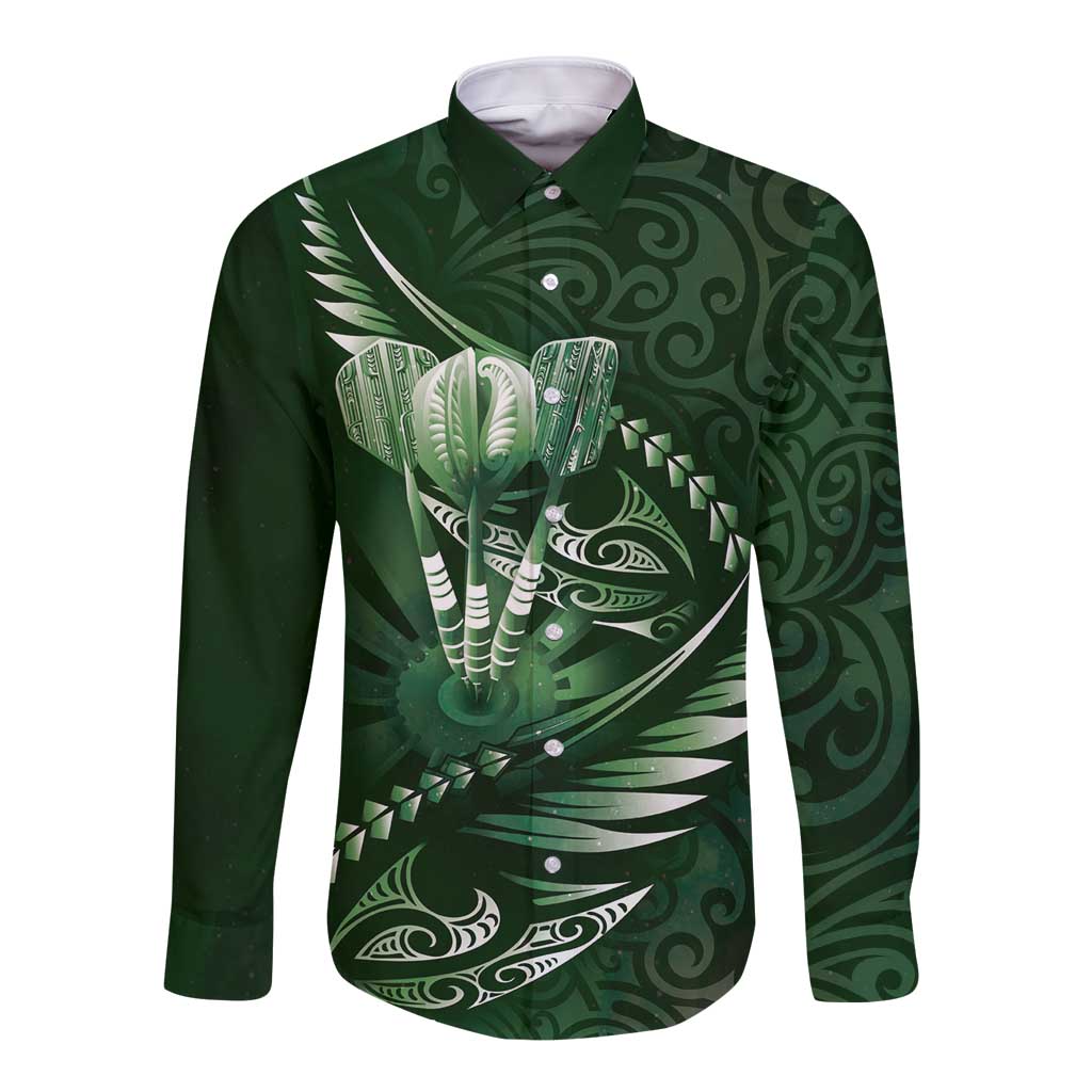 Personalised All Green New Zealand Darts Long Sleeve Button Shirt Aoteroa Fern Maori Galaxy Style