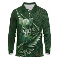 Personalised All Green New Zealand Darts Long Sleeve Polo Shirt Aoteroa Fern Maori Galaxy Style