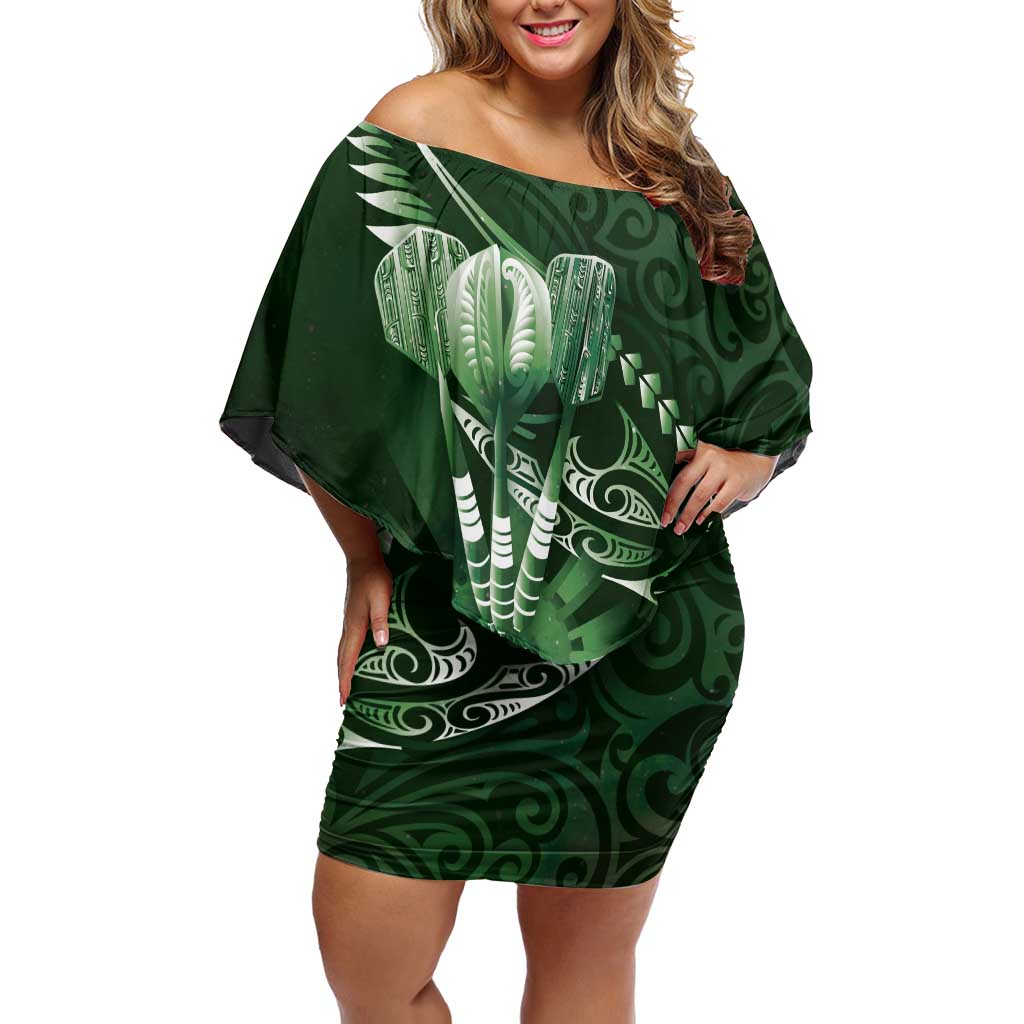 Personalised All Green New Zealand Darts Off Shoulder Short Dress Aoteroa Fern Maori Galaxy Style
