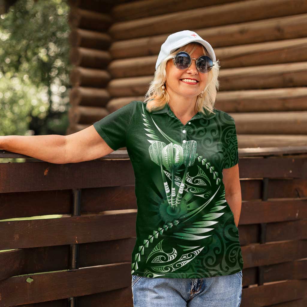 Personalised All Green New Zealand Darts Women Polo Shirt Aoteroa Fern Maori Galaxy Style