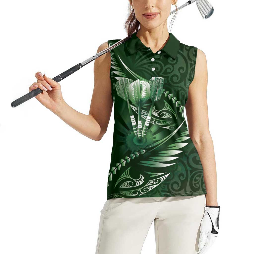 Personalised All Green New Zealand Darts Women Sleeveless Polo Shirt Aoteroa Fern Maori Galaxy Style