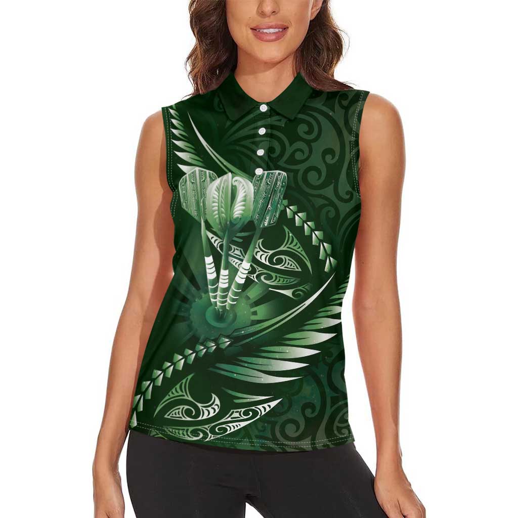 Personalised All Green New Zealand Darts Women Sleeveless Polo Shirt Aoteroa Fern Maori Galaxy Style