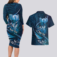 Personalised All Blue New Zealand Darts Couples Matching Long Sleeve Bodycon Dress and Hawaiian Shirt Aoteroa Fern Maori Galaxy Style