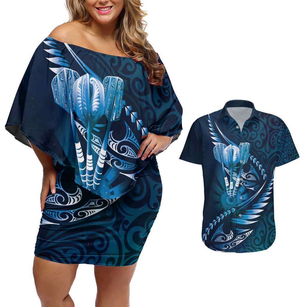 Personalised All Blue New Zealand Darts Couples Matching Off Shoulder Short Dress and Hawaiian Shirt Aoteroa Fern Maori Galaxy Style