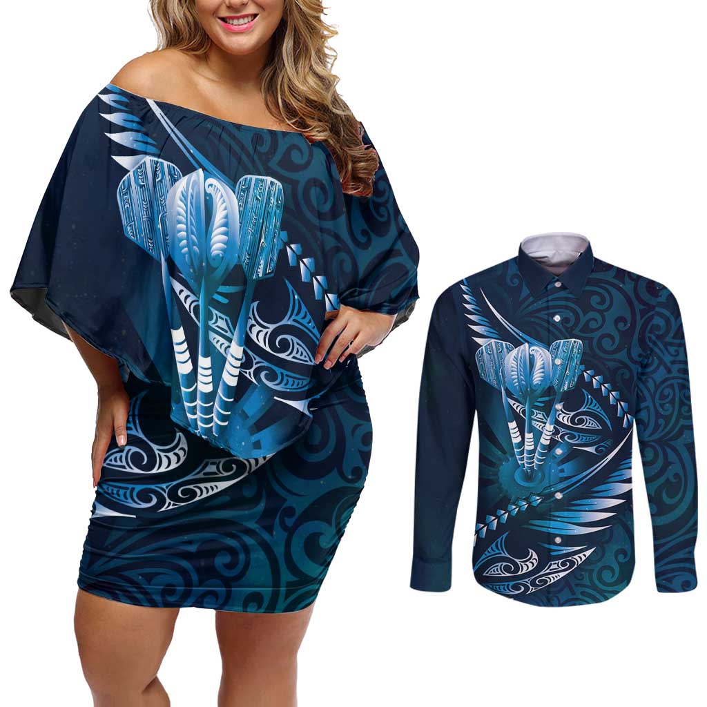 Personalised All Blue New Zealand Darts Couples Matching Off Shoulder Short Dress and Long Sleeve Button Shirt Aoteroa Fern Maori Galaxy Style