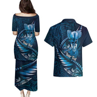 Personalised All Blue New Zealand Darts Couples Matching Puletasi and Hawaiian Shirt Aoteroa Fern Maori Galaxy Style