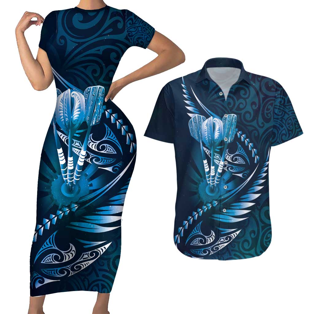 Personalised All Blue New Zealand Darts Couples Matching Short Sleeve Bodycon Dress and Hawaiian Shirt Aoteroa Fern Maori Galaxy Style