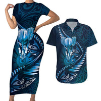 Personalised All Blue New Zealand Darts Couples Matching Short Sleeve Bodycon Dress and Hawaiian Shirt Aoteroa Fern Maori Galaxy Style