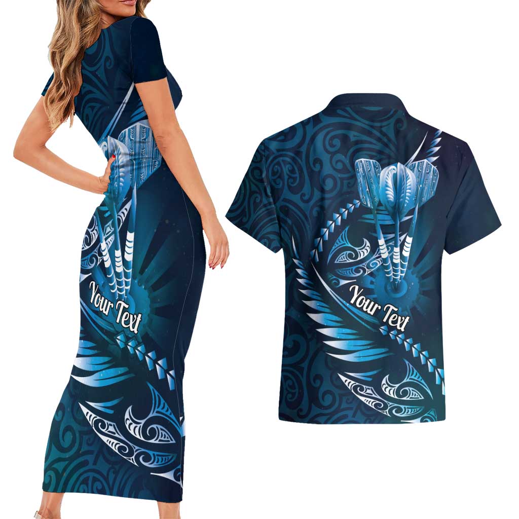 Personalised All Blue New Zealand Darts Couples Matching Short Sleeve Bodycon Dress and Hawaiian Shirt Aoteroa Fern Maori Galaxy Style