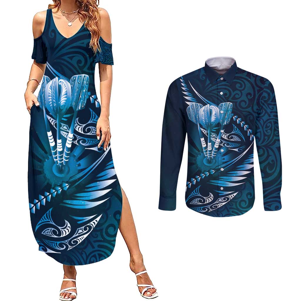 Personalised All Blue New Zealand Darts Couples Matching Summer Maxi Dress and Long Sleeve Button Shirt Aoteroa Fern Maori Galaxy Style