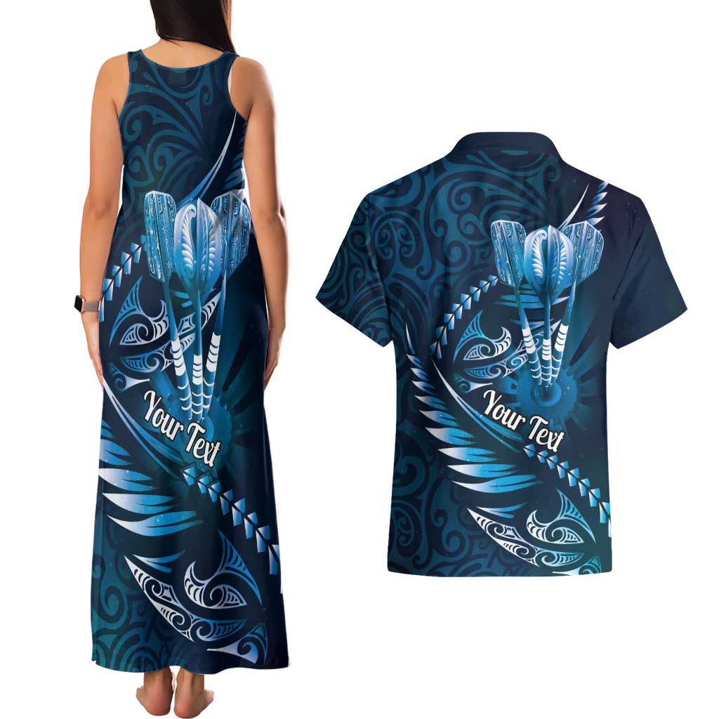 Personalised All Blue New Zealand Darts Couples Matching Tank Maxi Dress and Hawaiian Shirt Aoteroa Fern Maori Galaxy Style