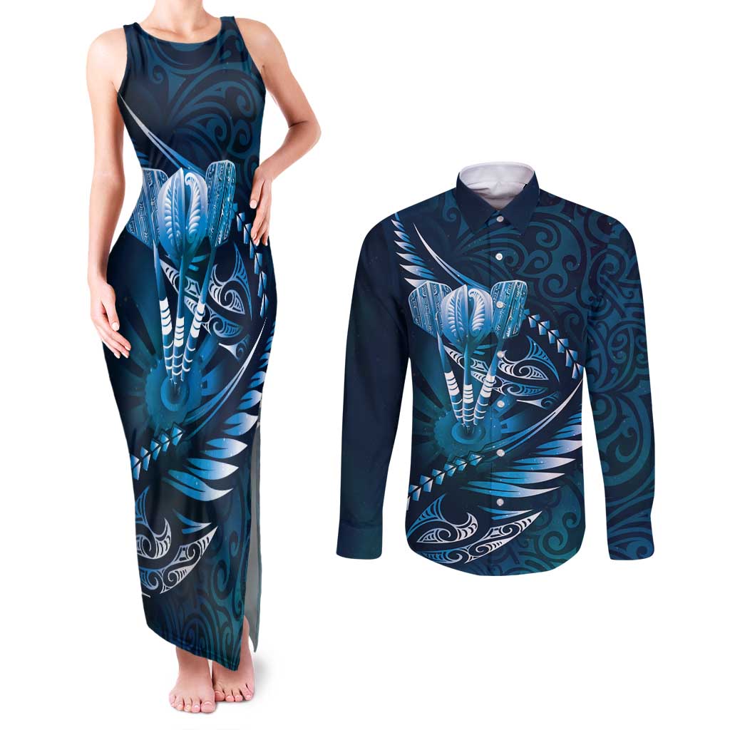 Personalised All Blue New Zealand Darts Couples Matching Tank Maxi Dress and Long Sleeve Button Shirt Aoteroa Fern Maori Galaxy Style
