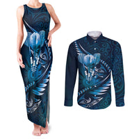 Personalised All Blue New Zealand Darts Couples Matching Tank Maxi Dress and Long Sleeve Button Shirt Aoteroa Fern Maori Galaxy Style