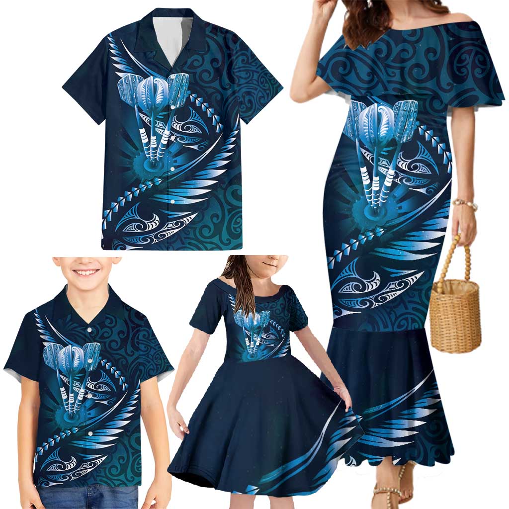 Personalised All Blue New Zealand Darts Family Matching Mermaid Dress and Hawaiian Shirt Aoteroa Fern Maori Galaxy Style
