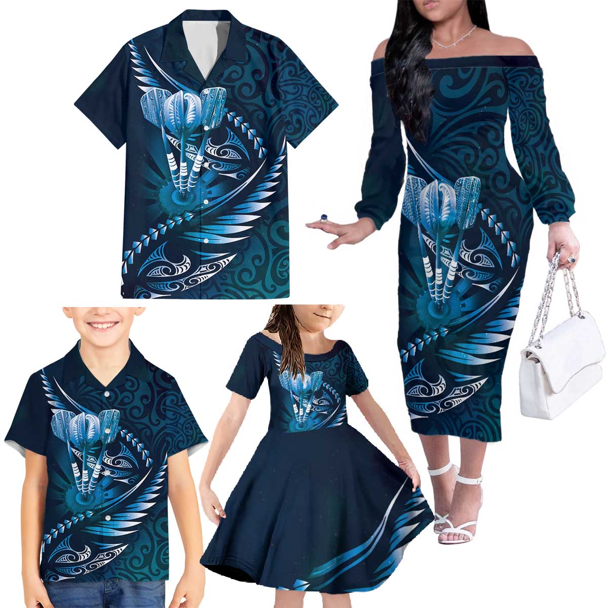 Personalised All Blue New Zealand Darts Family Matching Off The Shoulder Long Sleeve Dress and Hawaiian Shirt Aoteroa Fern Maori Galaxy Style