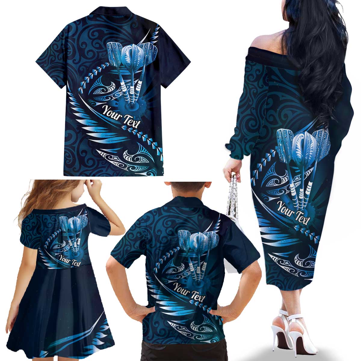 Personalised All Blue New Zealand Darts Family Matching Off The Shoulder Long Sleeve Dress and Hawaiian Shirt Aoteroa Fern Maori Galaxy Style