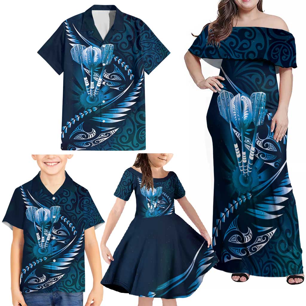 Personalised All Blue New Zealand Darts Family Matching Off Shoulder Maxi Dress and Hawaiian Shirt Aoteroa Fern Maori Galaxy Style