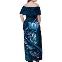 Personalised All Blue New Zealand Darts Family Matching Off Shoulder Maxi Dress and Hawaiian Shirt Aoteroa Fern Maori Galaxy Style