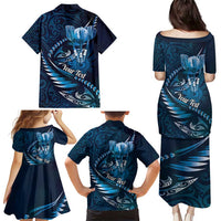 Personalised All Blue New Zealand Darts Family Matching Puletasi and Hawaiian Shirt Aoteroa Fern Maori Galaxy Style