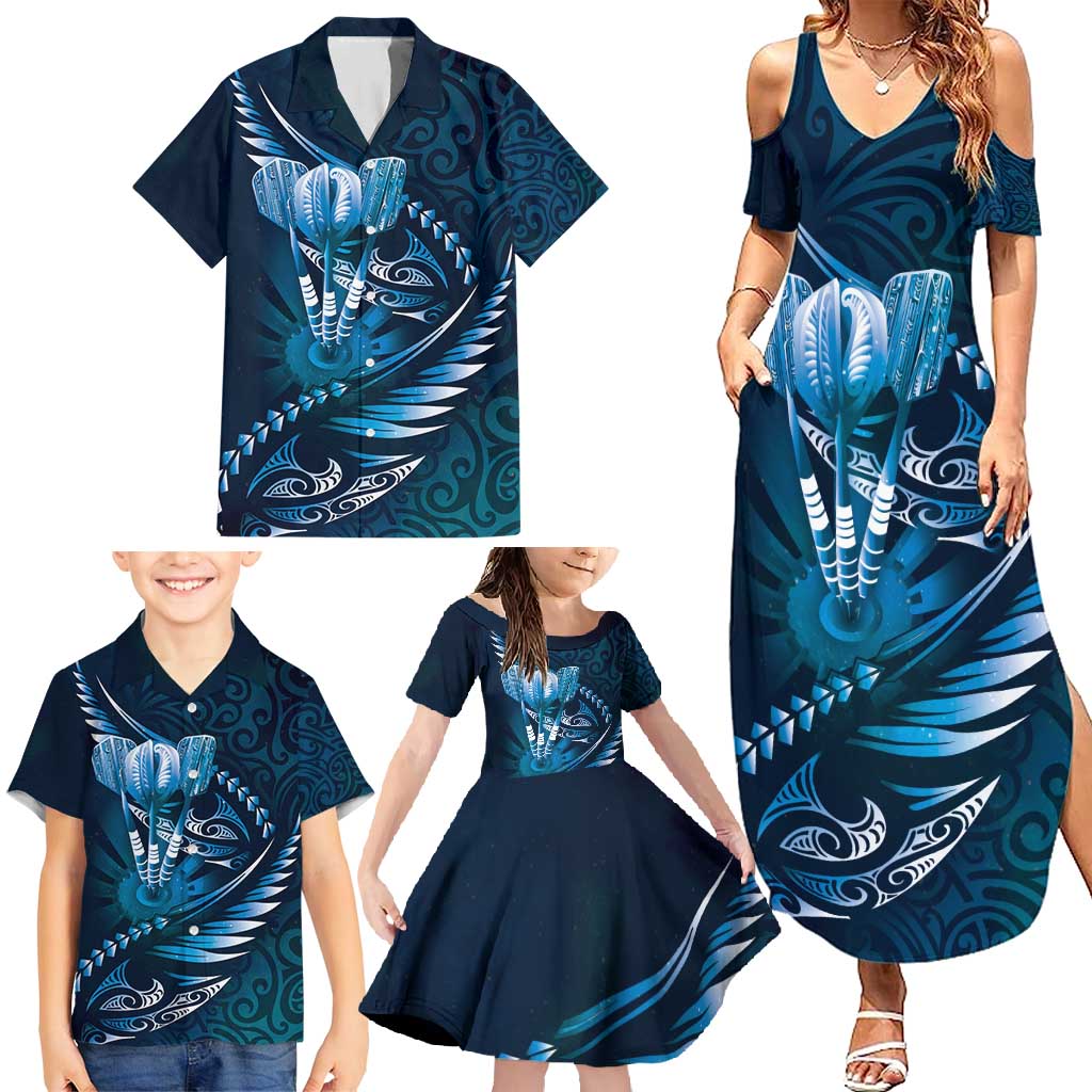 Personalised All Blue New Zealand Darts Family Matching Summer Maxi Dress and Hawaiian Shirt Aoteroa Fern Maori Galaxy Style