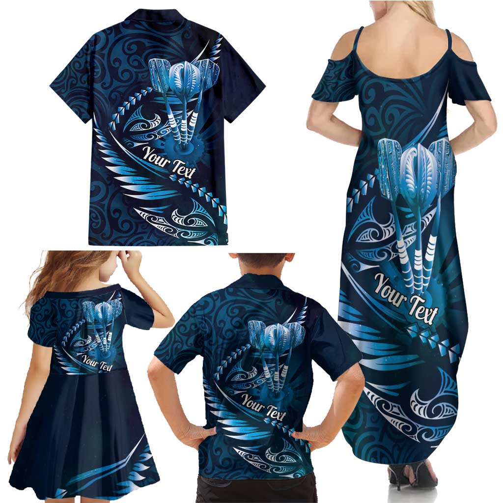 Personalised All Blue New Zealand Darts Family Matching Summer Maxi Dress and Hawaiian Shirt Aoteroa Fern Maori Galaxy Style