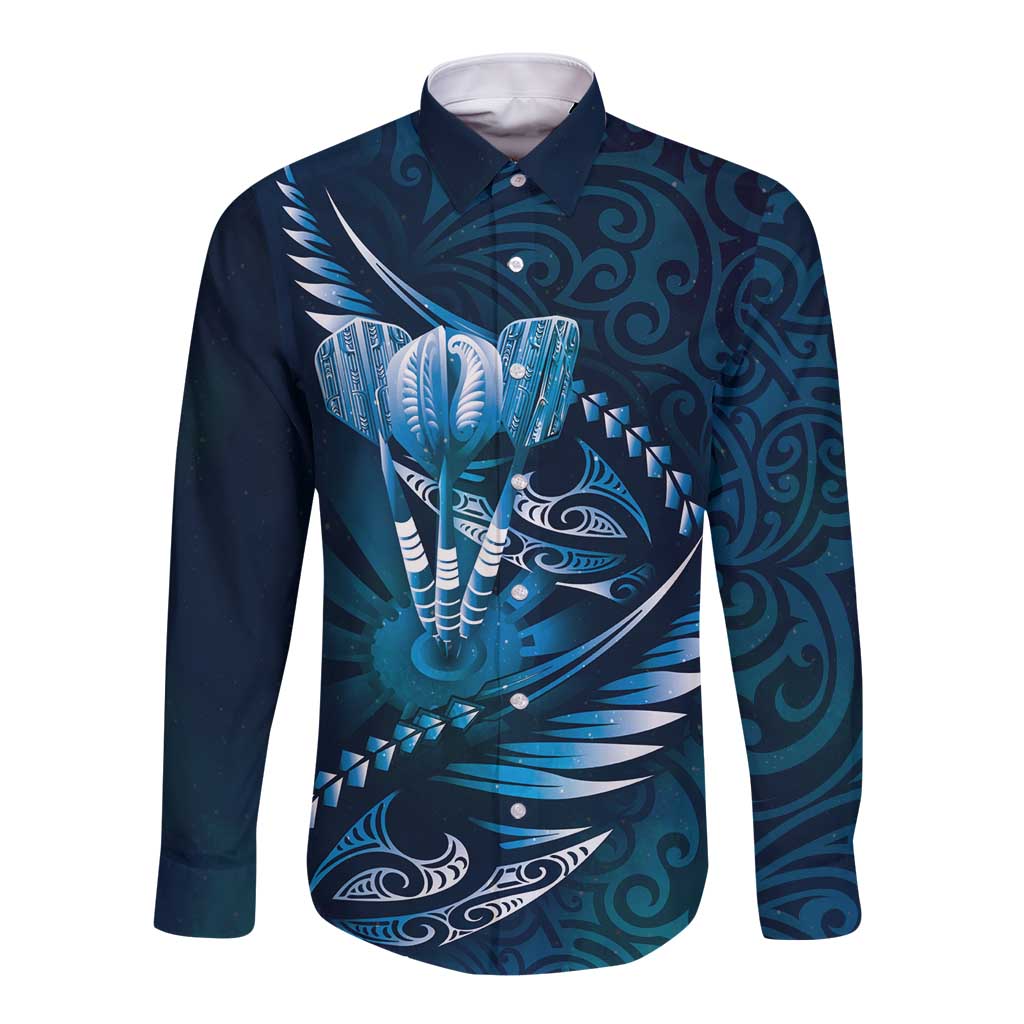 Personalised All Blue New Zealand Darts Long Sleeve Button Shirt Aoteroa Fern Maori Galaxy Style