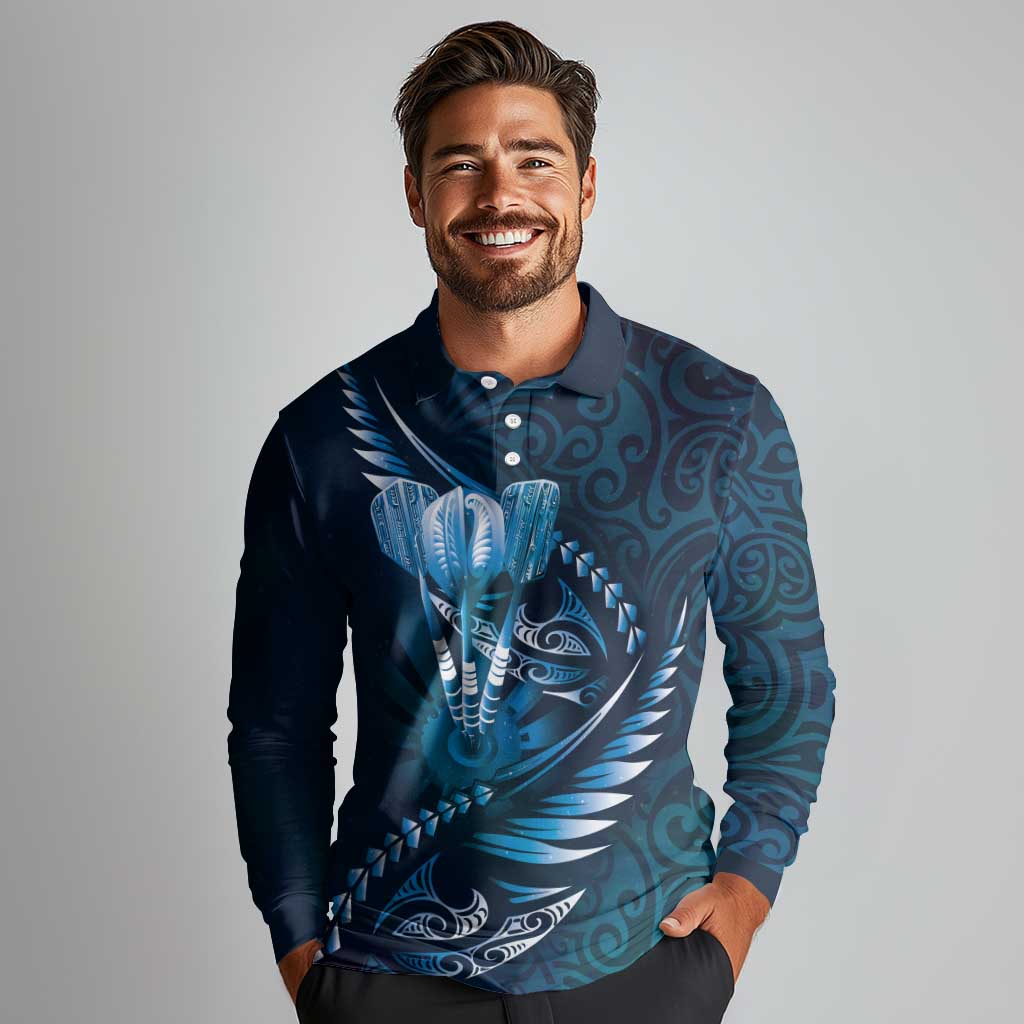 Personalised All Blue New Zealand Darts Long Sleeve Polo Shirt Aoteroa Fern Maori Galaxy Style