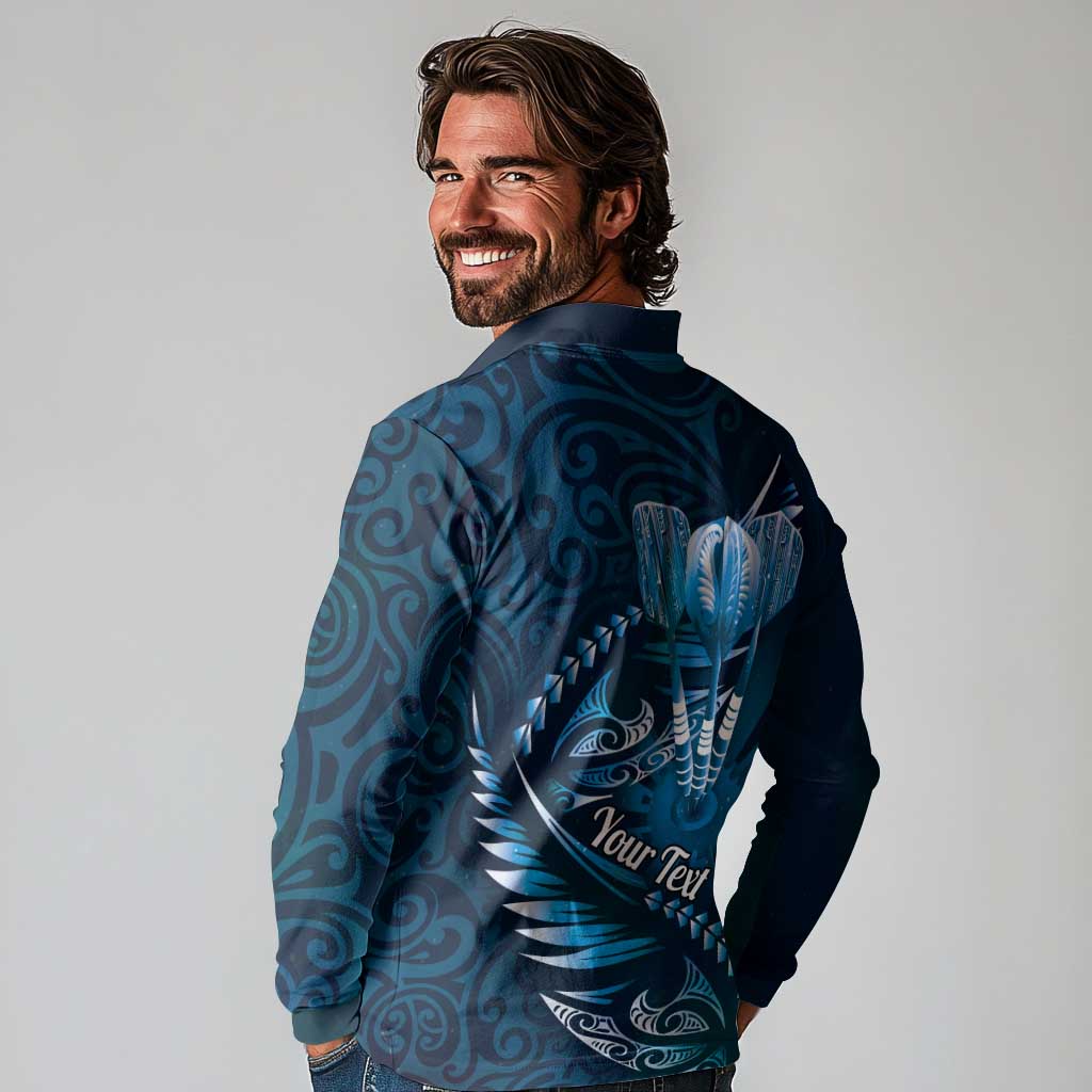 Personalised All Blue New Zealand Darts Long Sleeve Polo Shirt Aoteroa Fern Maori Galaxy Style